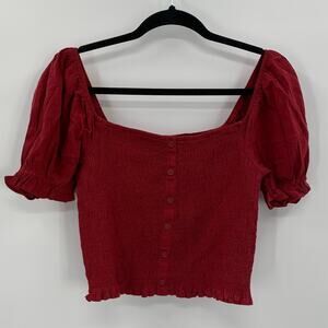 Aerie Womens Medium Puffed Sleeve Smocked Top Cropped Cherry Tart Ruffle Boho